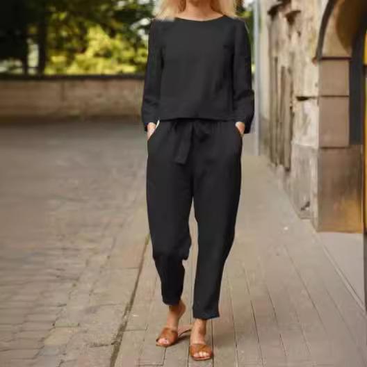 Женский комплект из 2 предметов: топ и брюки, круглый вырез, однотонная футболка с короткими рукавами, на шнуровке, регулируемая, большого размера