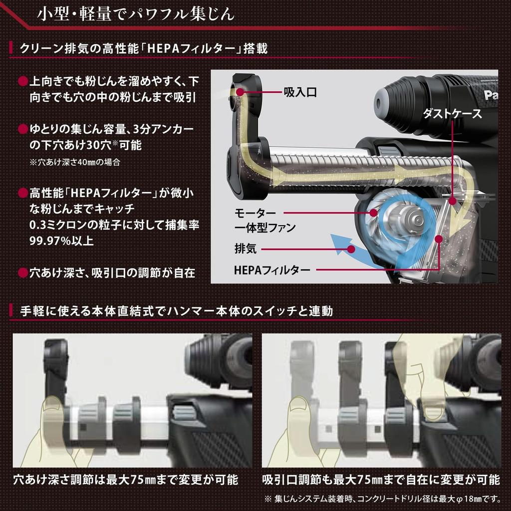 Panasonic Rechargeable Hammer Drill Battery Pack x Collection Included Equipped with Dust Collection System Concrete Deck Penetration IP56 Red 28.8V