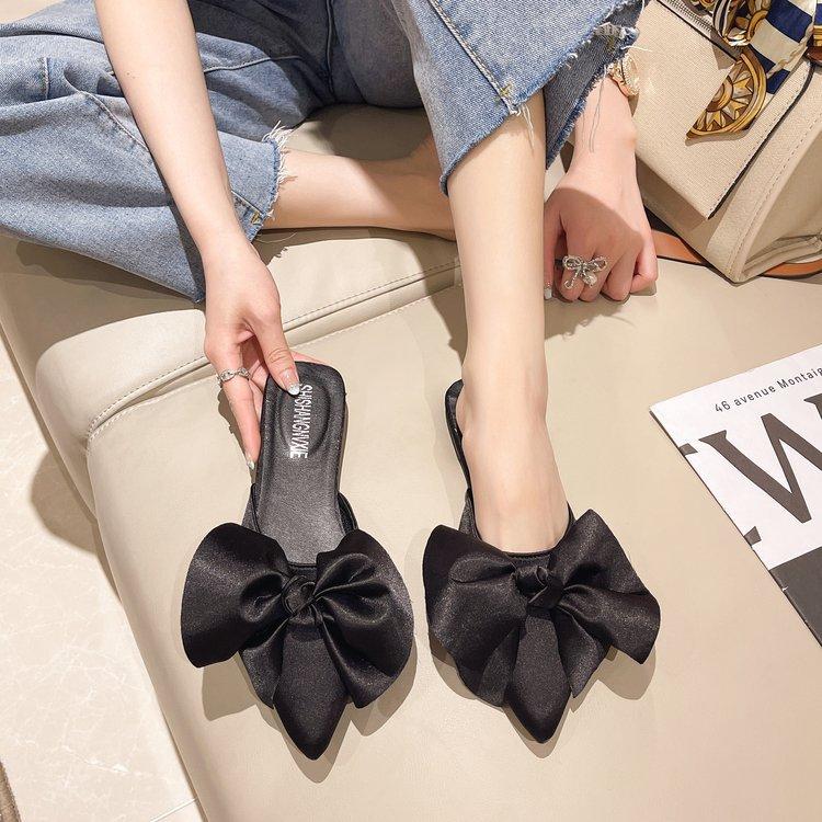 Fashion Oversize Bowtie Mule Shoes Women Fashion Pointed Toe Stripe Wave Slip-on Sandals Ladies Luxury Satin Silk Outdoor Flat Slippers