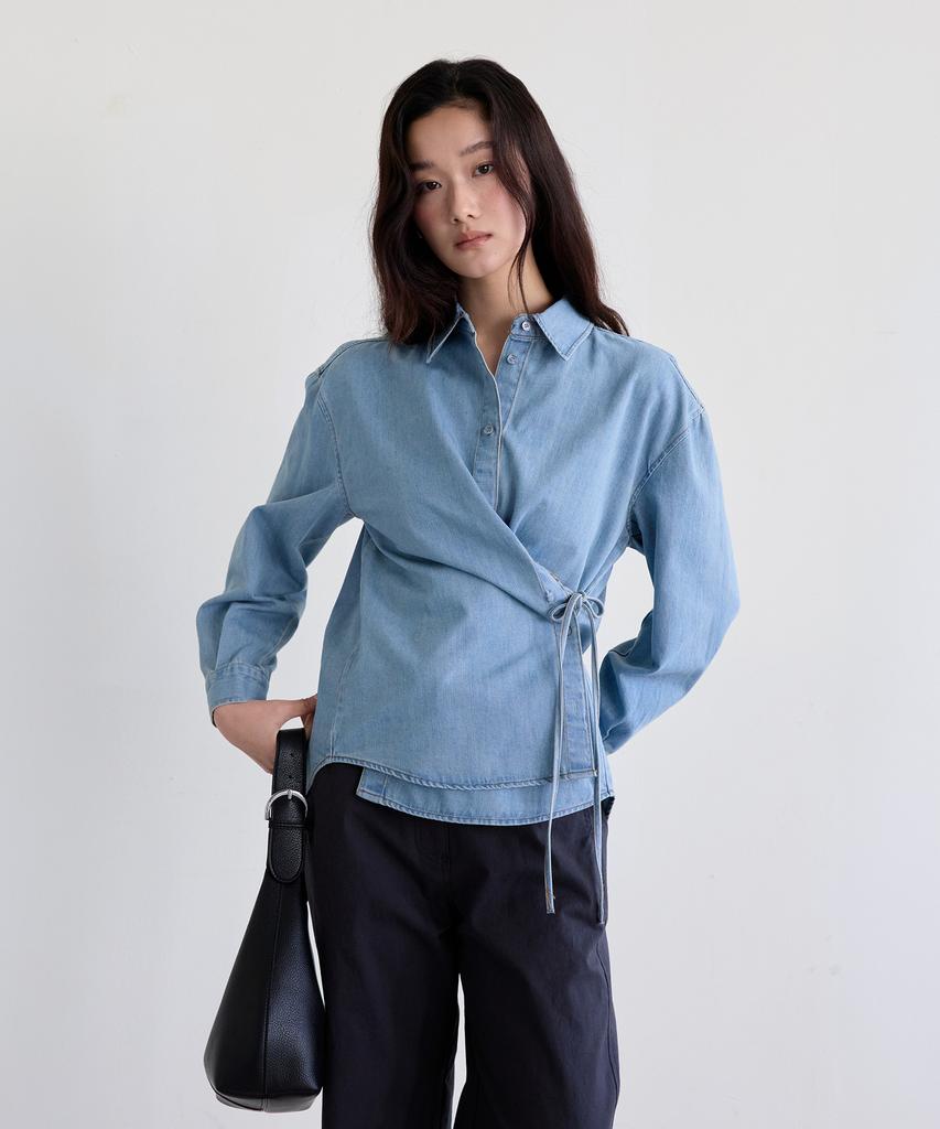 THEELO Strap Detail Denim Blouse (Light Denim)