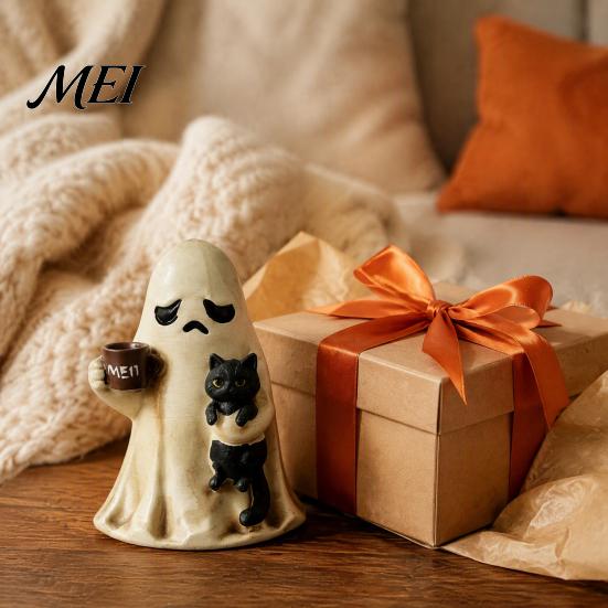 Whimsical Ghost Figurines for Halloween Cute Figurine, Resin Tabletop Ornament with Black Cat And Decorative Figures Shelves Coffee Cup Decor