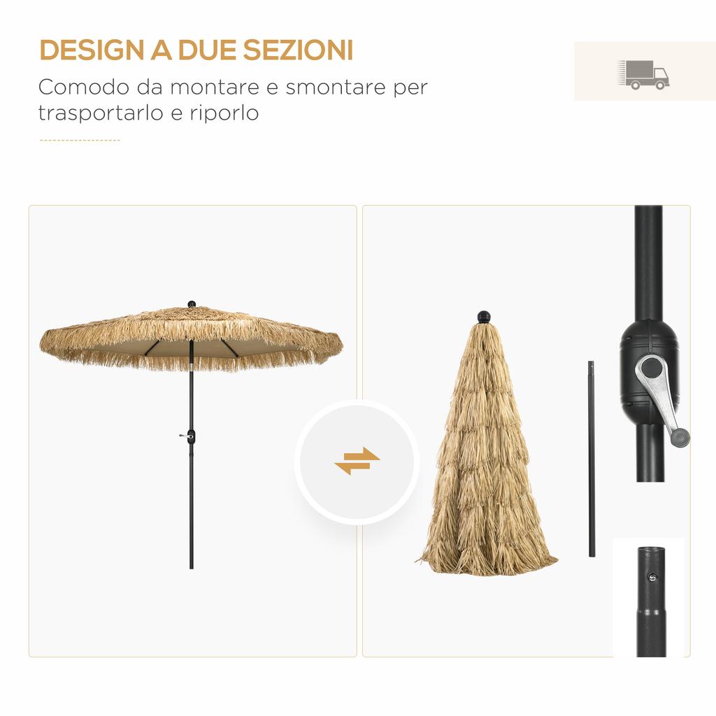 Round Garden Umbrella with Straw Canopy and Crank Handle. 265x250cm. Khaki