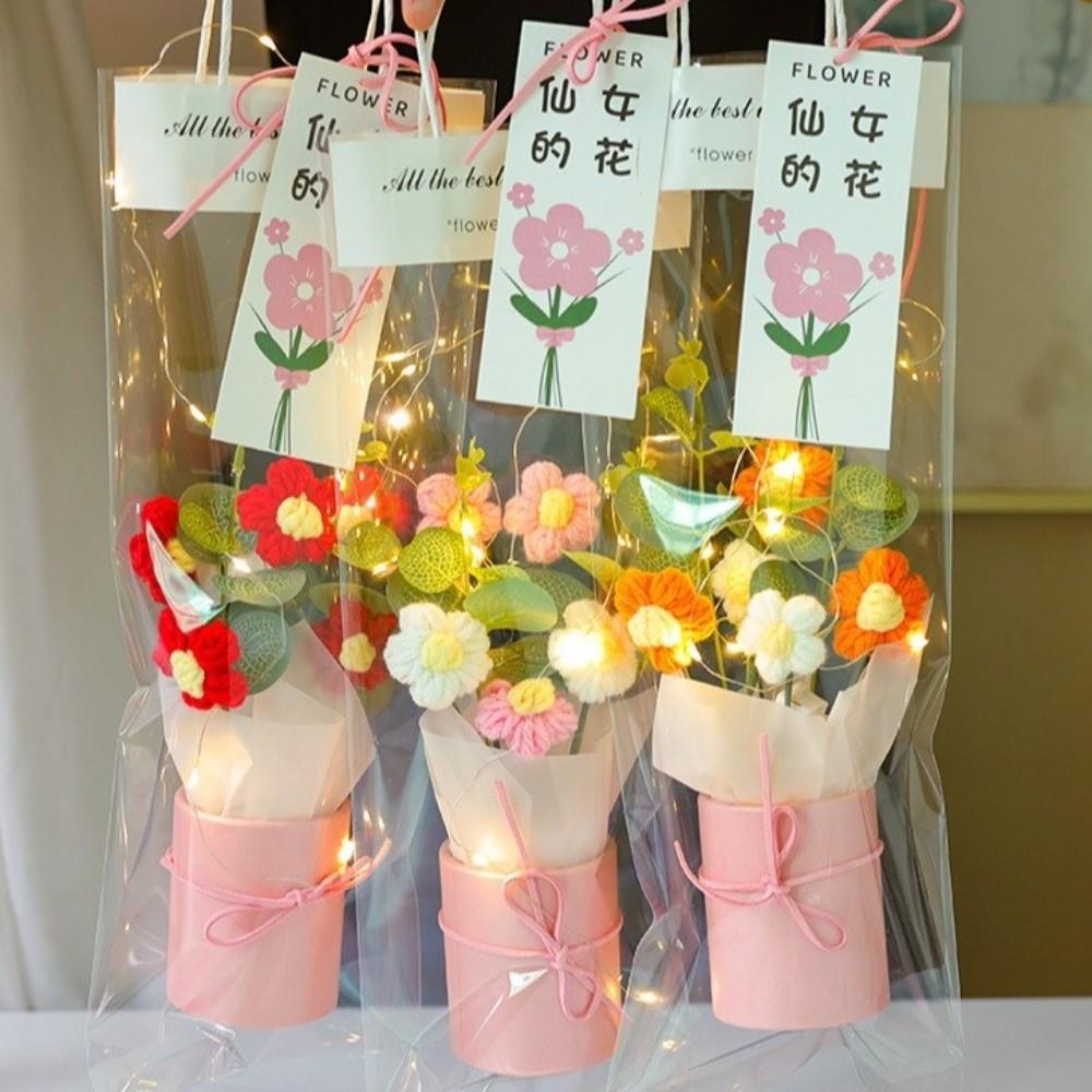 With Light String Crochet Flower Bouquet Exquisite Handmade Bucket Bouquet  Home Decoration