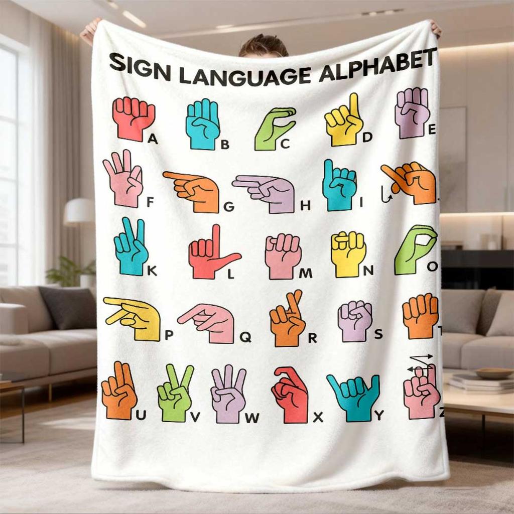 2026 New Arrival Flannel Blanket Cozy Flannel Shawl Blanket, Modern Sign Language Print Versatile for All Seasons, Suitable for Sofa, Napping, Travel,