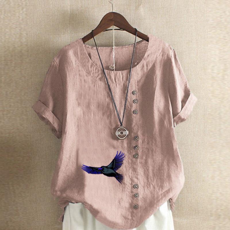 Женская модная футболка с круглым вырезом и коротким рукавом, повседневная хлопковая футболка с графическим принтом, летняя блузка топы для отдыха, свободного кроя, с принтом вороны