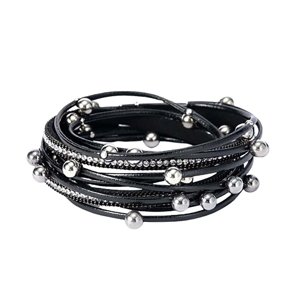 Двухкруговой кожаный браслет с бусинами, многослойный кожаный браслет, модный женский браслет с магнитной застежкой и бриллиантами, ювелирные изделия