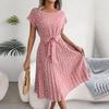Spring Summer Women Short Sleeve Floral Pleated High Waist A Line Long Dress S-XL