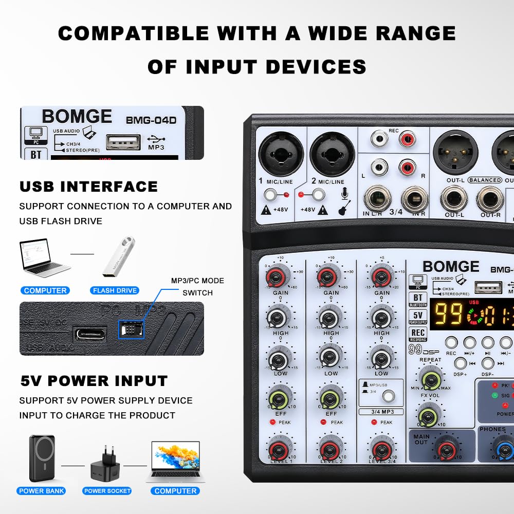 BOMGE 99DSP Эхо DJ Аудиомикшер 4-канальный USB Bluetooth Караоке Фантомное питание