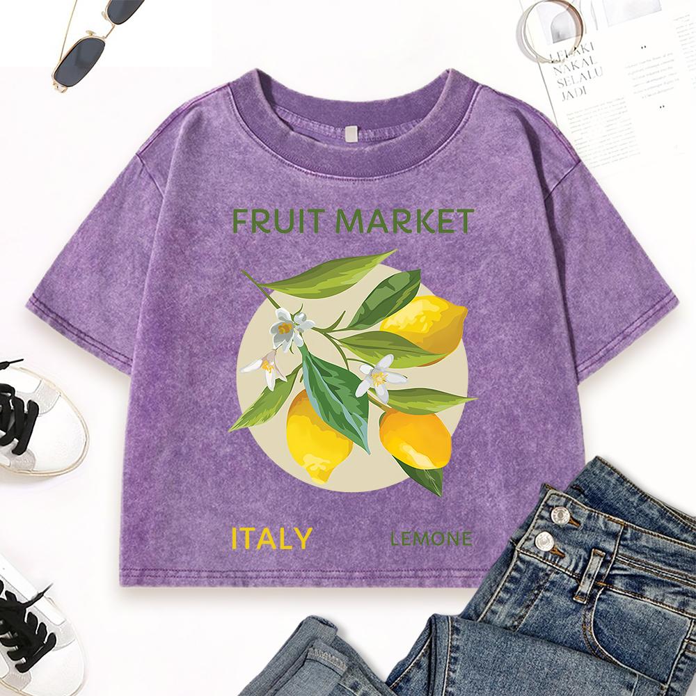 Fruit Market Italy Lemon  Print Washed Crop T-Shirt Women Crewneck Slim T Shirts Y2K Top Cotton Female Short Sleeve