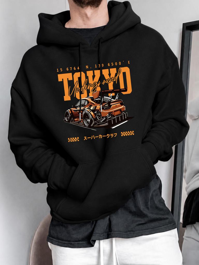 Унисекс Худи, Фестиваль уличной моды, Графика гоночного автомобиля Tokyo Underground, Худи-пуловер, Городской стиль JDM, Повседневная одежда Осень-Зима, Оранжевый принт с