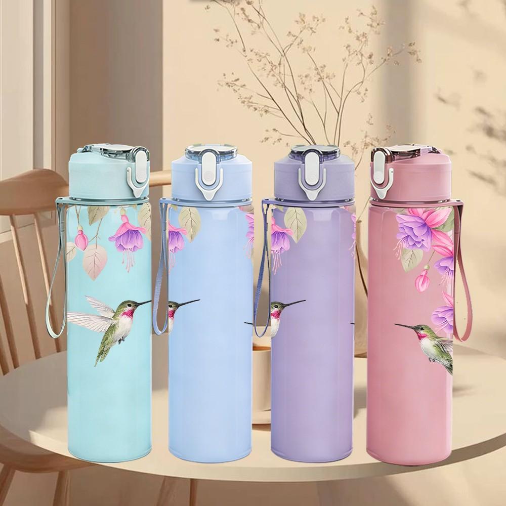 1PC Hummingbird Bird Pink Flower Print 750ml Color Plastic Sports Water Bottle Leakproof Flip Straw Lid Suitable for Sports Office Home Use