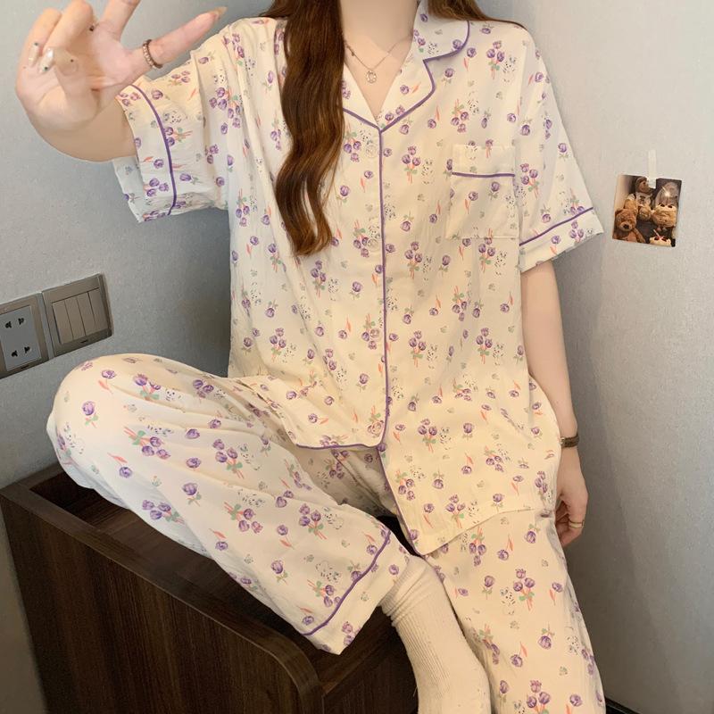 Dream purple floral cloud cotton short-sleeved trousers pajamas women's summer new loungewear fashion suit