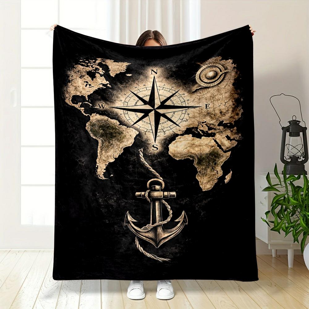 Vintage World Map with Compass and Anchor Flannel blanket for bedroom, living room, sofa, and nap