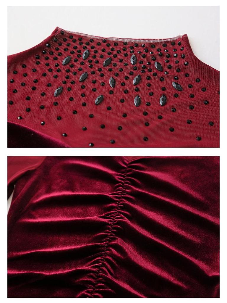 2024 Autumn/Winter V-Neck Women's Long Sleeve Beaded T-Shirt with Stylish Hot Drilled Design