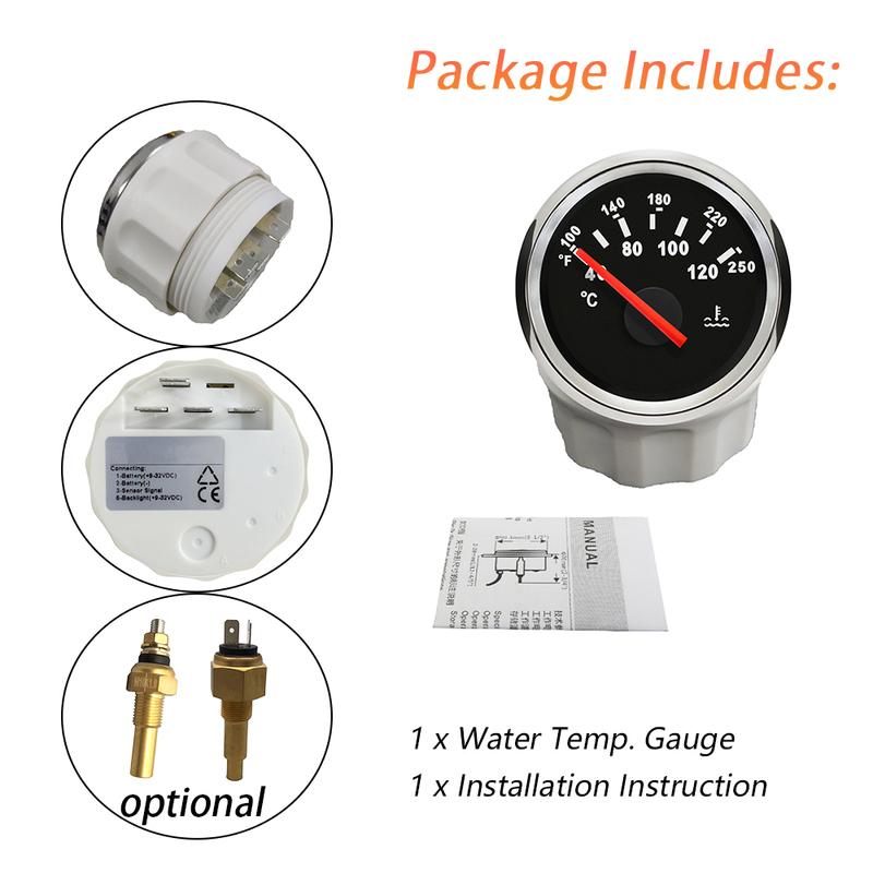 Rhaxel 52mm Water Temperature Meter 40-120℃ Temp Gauge with Backlight 12Volts 24V for Car Truck Vans Yachts RV Vessels