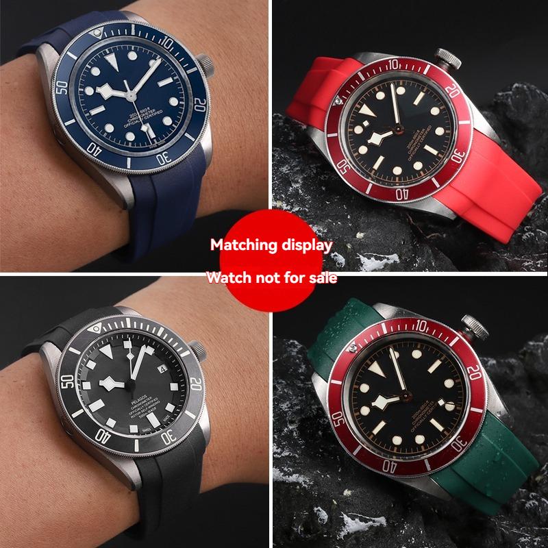 22-мм изогнутый резиновый ремешок для часов Tudor Black Bay 58 Bronze – Мягкий силиконовый ремешок, Красный цветочный узор, Водонепроницаемый и прочный