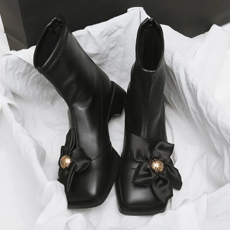 Модная обувь для женщин 2024 года, модные женские ботинки на молнии, зимние, с квадратным носком, с цветами, однотонные, короткие, на толстом каблуке, ботинки Zapatos Mujer