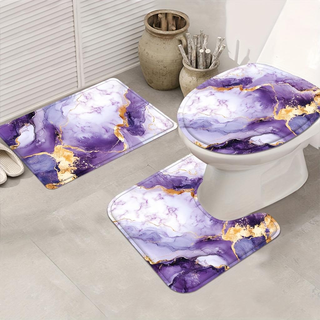 Набор из 4 предметов для ванной комнаты: шторка для душа, фиолетово-золотистый узор, занавеска для ванной комнаты с 12 крючками, противоскользящие коврики, коврик для крышки унитаза, перегородка для ванной