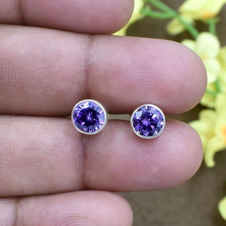 Natural Purple Amethyst Round Stud Earrings 925 Sterling Silver Handmade Earring