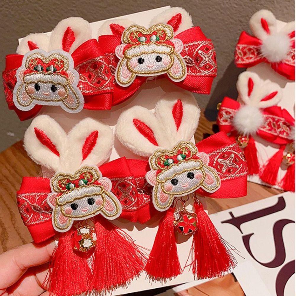 Bunny Plush Rabbit Hairpin Tassel Chinese New Year Headwear Sweet Bow Hair Clip  Children