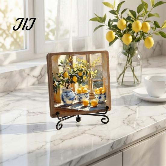 Solid Wood Frame Table Decor Vintage Lemon Oil Painting Wooden Tabletop Sign, Pastoral Farmhouse Decorative Plaque with Sign Iron Stand Stand, Rustic