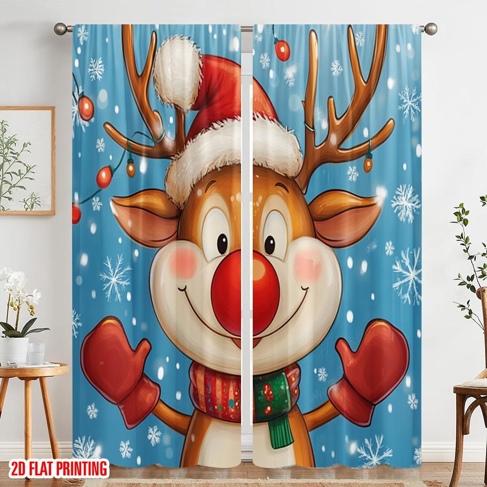 2pcs,2D plane printing Curtains&Window Treatment Cute Reindeer Christmas Versatile 100% Polyester (without rod) Outdoor