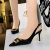 Bigtree European and American Style Banquet Women's Shoes Fine Heel 7cm High Heel Pointed Hollow Metal Square Buckle Single Shoes