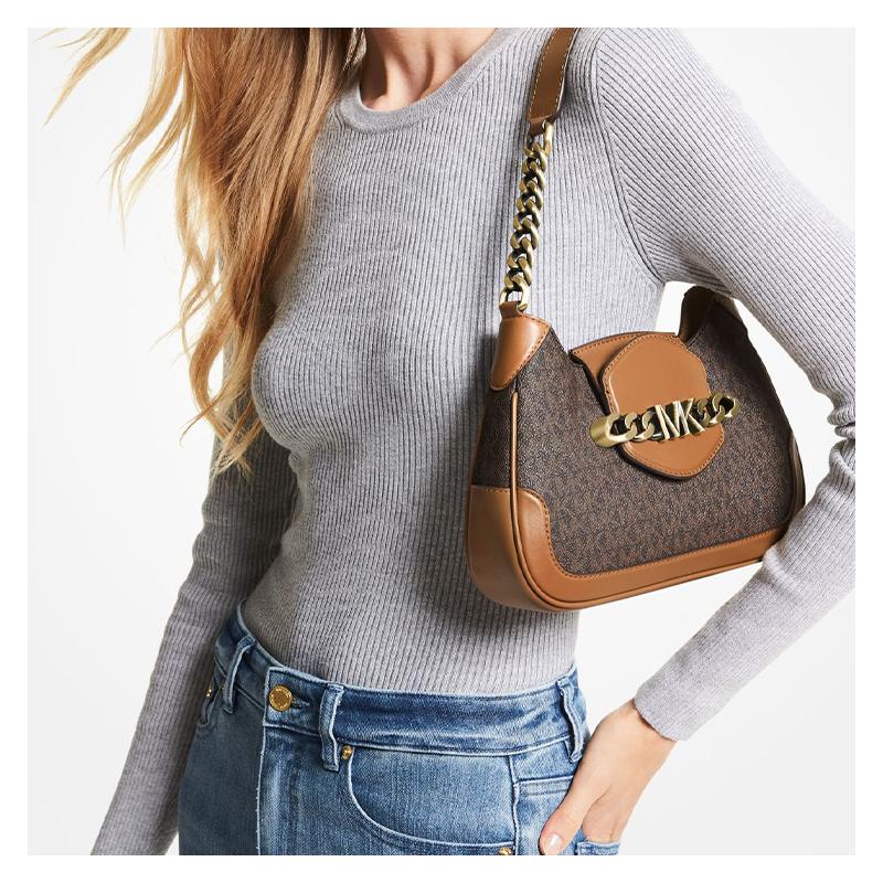 MICHAEL KORS Hally vintage color block chain presbyopia printed logo leather armpit bag hand shoulder bag women's acorn brown