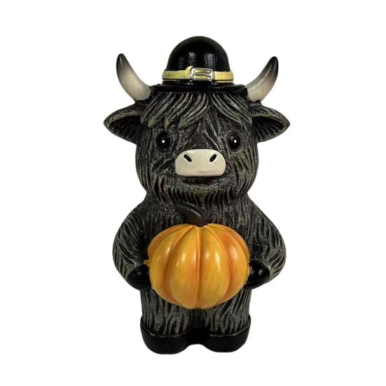 Хэллоуинская фигурка горной коровы из смолы, украшение, символ шотландской культуры, ручная работа, статуэтка коровы с тыквой и кленовым листом