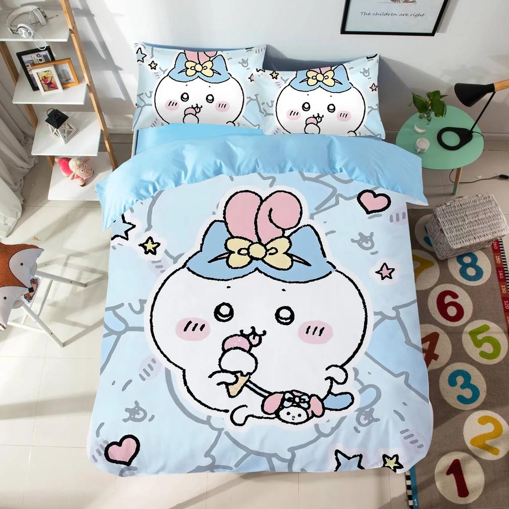 Мультяшный комплект постельного белья с милыми Чиикавами, красочный принт, полиэстер, для студенческого общежития, простыня, пододеяльник, детский подарок, домашний текстиль