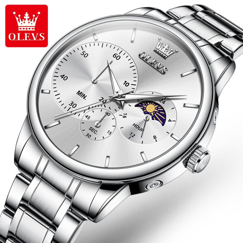 OLEVS Moon Phase Men's Watch Simple Casual Original Fashion Quartz Watch for Men Waterproof Luminous Stainleess Steel Wristwatch