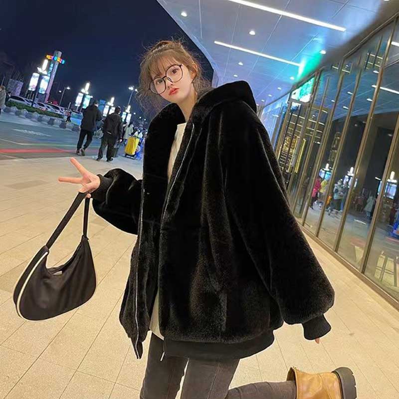 Korean Imitation Rex Rabbit Fur Coats Female Winter Warm Long Thickened Hooded Lamb Wool Cashmere Coat