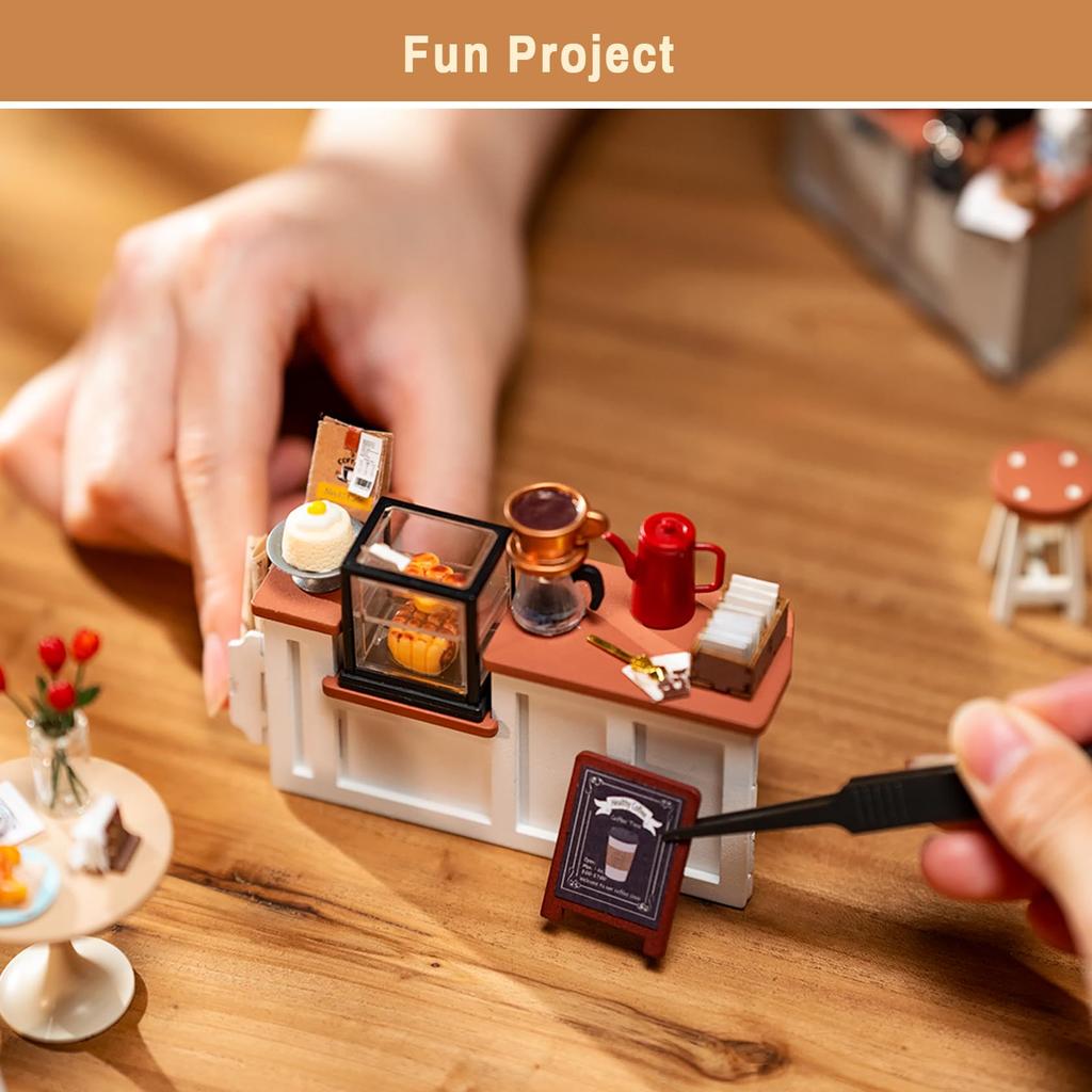 Robotime DIY Miniature Dollhouse Kit, Model House with LED Lights, Cafe Model Kit, DIY Craft, Birthday Gift, Home Decoration for Family and Friends
