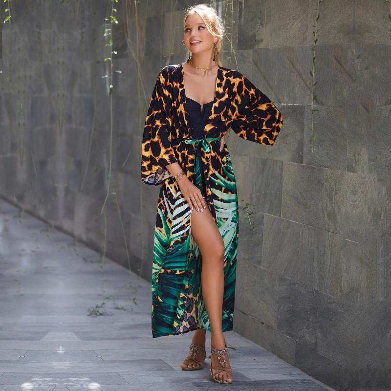 EDOLYNSA Зеленый купальник с леопардовым принтом, накидка в винтажную полоску с поясом, женское летнее длинное платье-кимоно, пляжное бикини, накидка Q1521