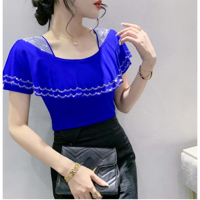 Summer Ruffles Hot Diamonds Square Collar T-Shirts Women Short Sleeved Mesh Tops Shirts Streetwear Girl Fashion Tees Blouse