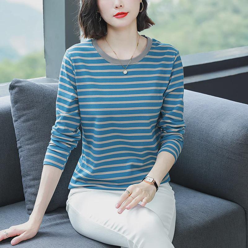 2023 Women's Oversized Striped Cotton Long-Sleeve T-Shirt for Autumn