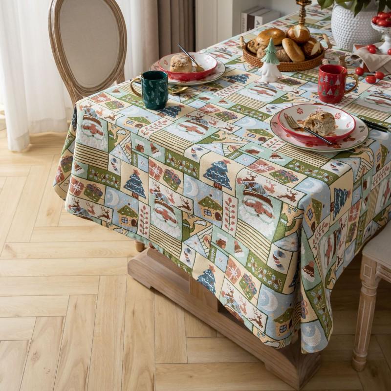 Christmas Woven Jacquard Tablecloth Vintage American Style Holiday Dining Table Cover Home Party Decor