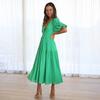 Women's Bohemian Long Dress Deep V Neck Puff Short Sleeve Swing Dress Summer Tiered Flowy A Line Midi Dress