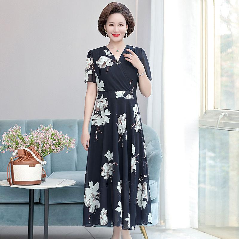 Шифоновое платье с короткими рукавами для матери. Длинная юбка большого размера в западном стиле для женщин среднего и старшего возраста. Шифоновые платья с длинными рукавами с цветочным принтом.