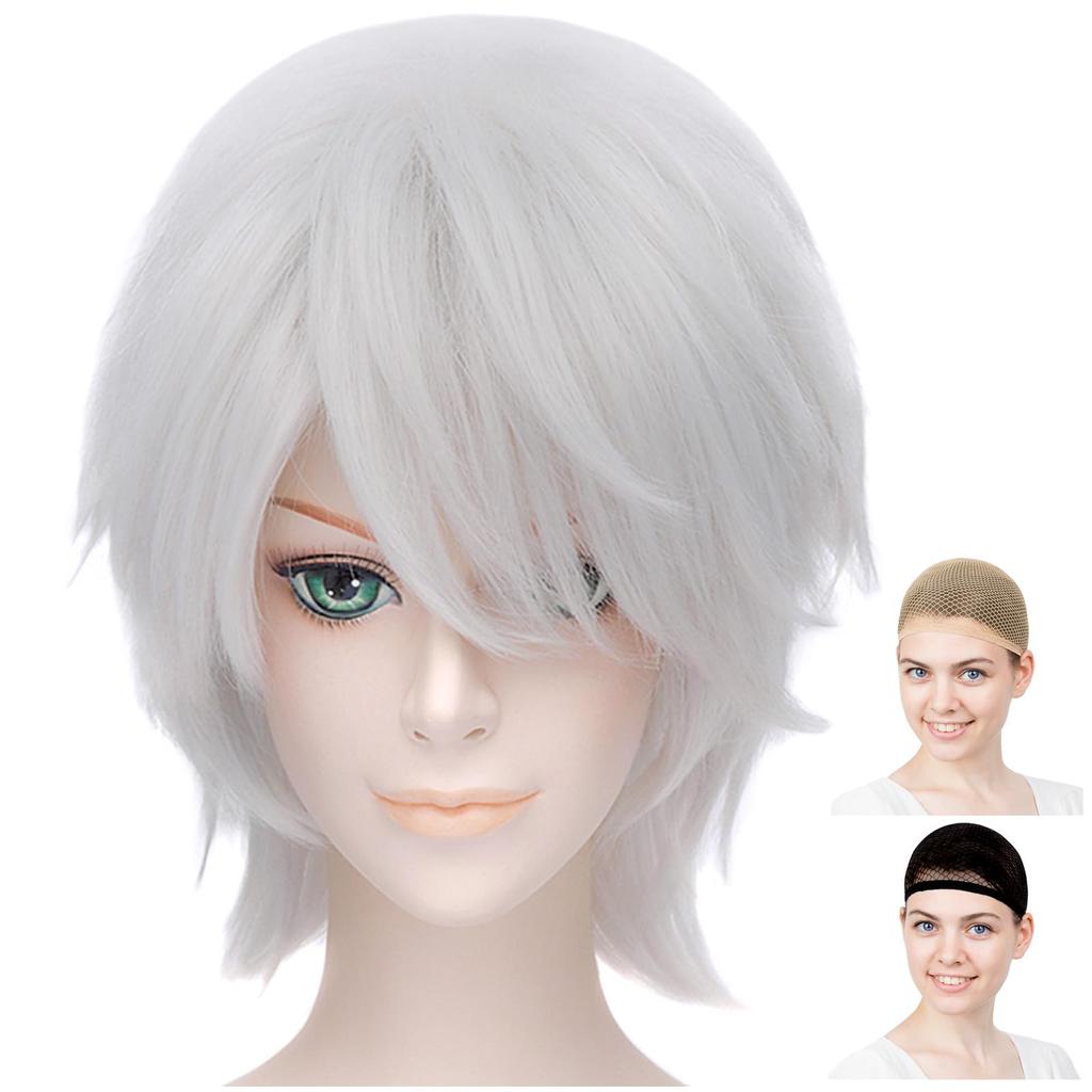 CaseEden Cosplay Wig, Short, 30cm, Heat-Resistant, Silver, Silver-White, Silver Hair, Set of 2 Wig Nets