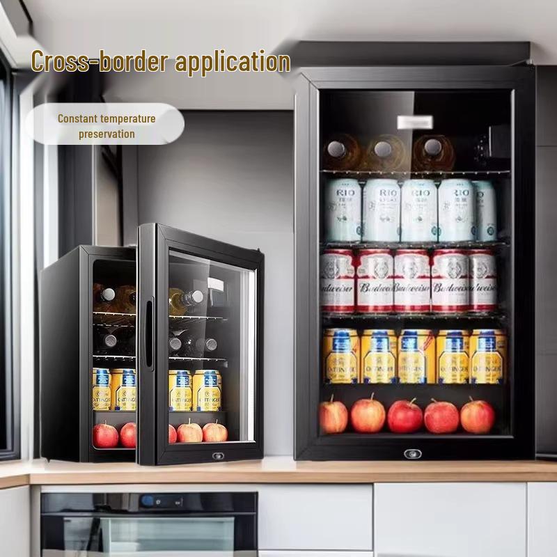 Compact Ice Bar Refrigerator: Dual-Zone Cooler for Home Use, Tea, Wine, and Samples, 110V Power, Temperature-Controlled Display Cabinet.