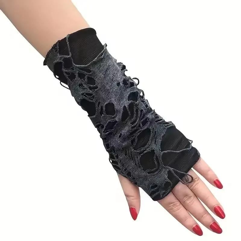 New Hot Sale Fashionable Simple Gothic Fingerless Gloves Unisex Tear Design Stretchy for Party Preparation and Durable Halloween