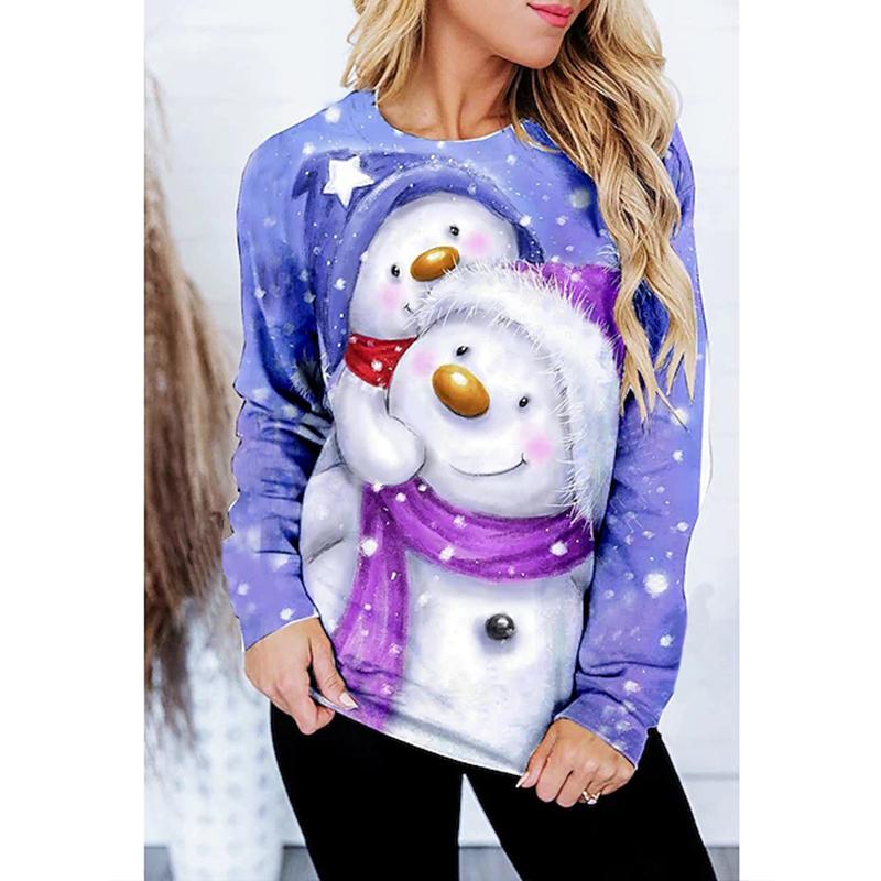 Женские осенние топы, свободная футболка с милым котом и принтом снеговика, повседневная футболка с длинными рукавами, топ, блузка