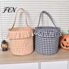 Festive Party Favor Holders Halloween Basket, Plaid Ruffle Trick or Treat Candy Bucket with Handle Baskets for Kids, Reusable Gingham Fabric