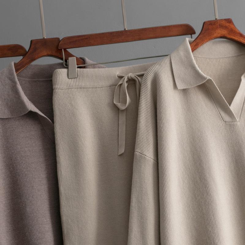 Новые модные юбки комплект юбка А-силуэта свитер свободные комплекты из двух частей трикотажный воротник поло осень зима женский ленивый свитер костюм