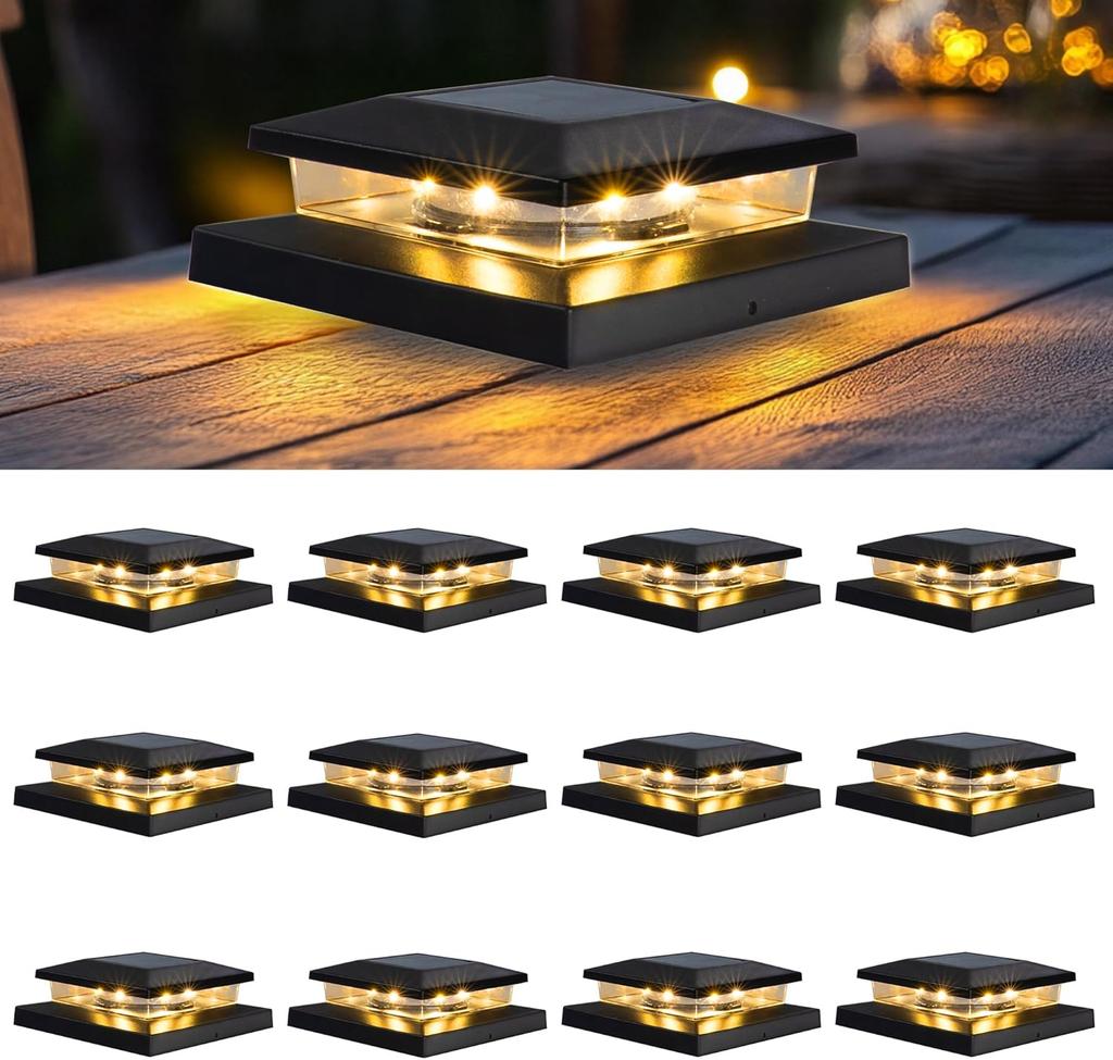 Waterproof outdoor solar pole cap light, suitable for solar deck fence pole lights on 4x4, 5x5, or 6x6 wooden poles