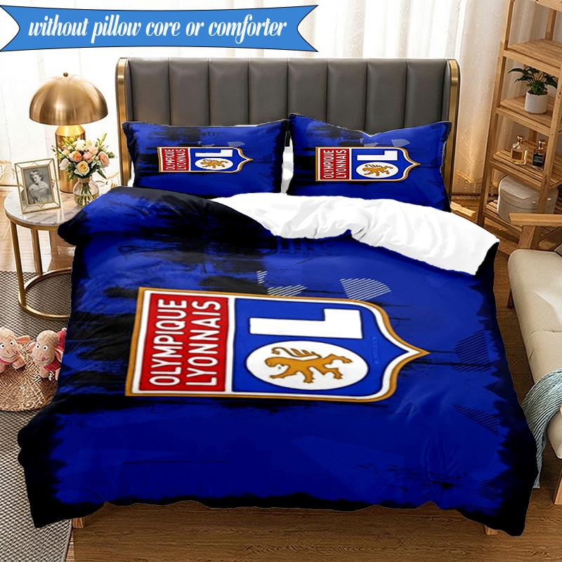 3PCS Olympique Football Crest Printed Soft Bedding Set,Including 1pc Duvet Cover And 2pcs Pillowcases Perfect for Bedroom, Dormitory, Fan gift