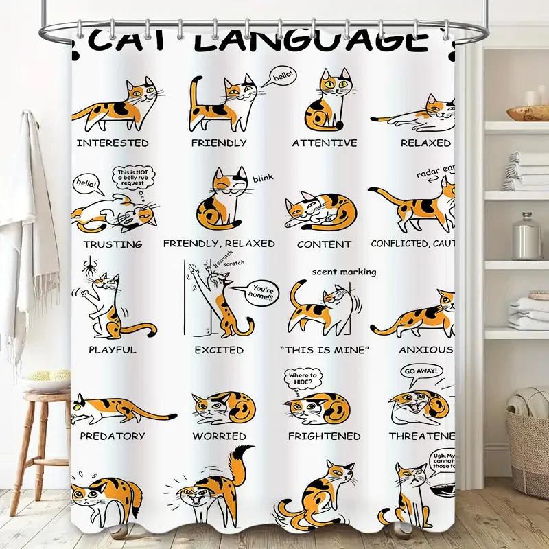 Unleash Your Feline Inner Self With These Adorable Cat Language Shower Curtains A Unique Home Decor Item Featuring Funny Illustr