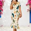 Women Plus Size V Neck Short Sleeve Geometric Printed Fitted Fishtail Dress