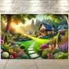 Polyester Fiber 2D Flat Surface Colorful Cottage Garden Scenery with Stone Paths Suitable for Living Room and Bedroom